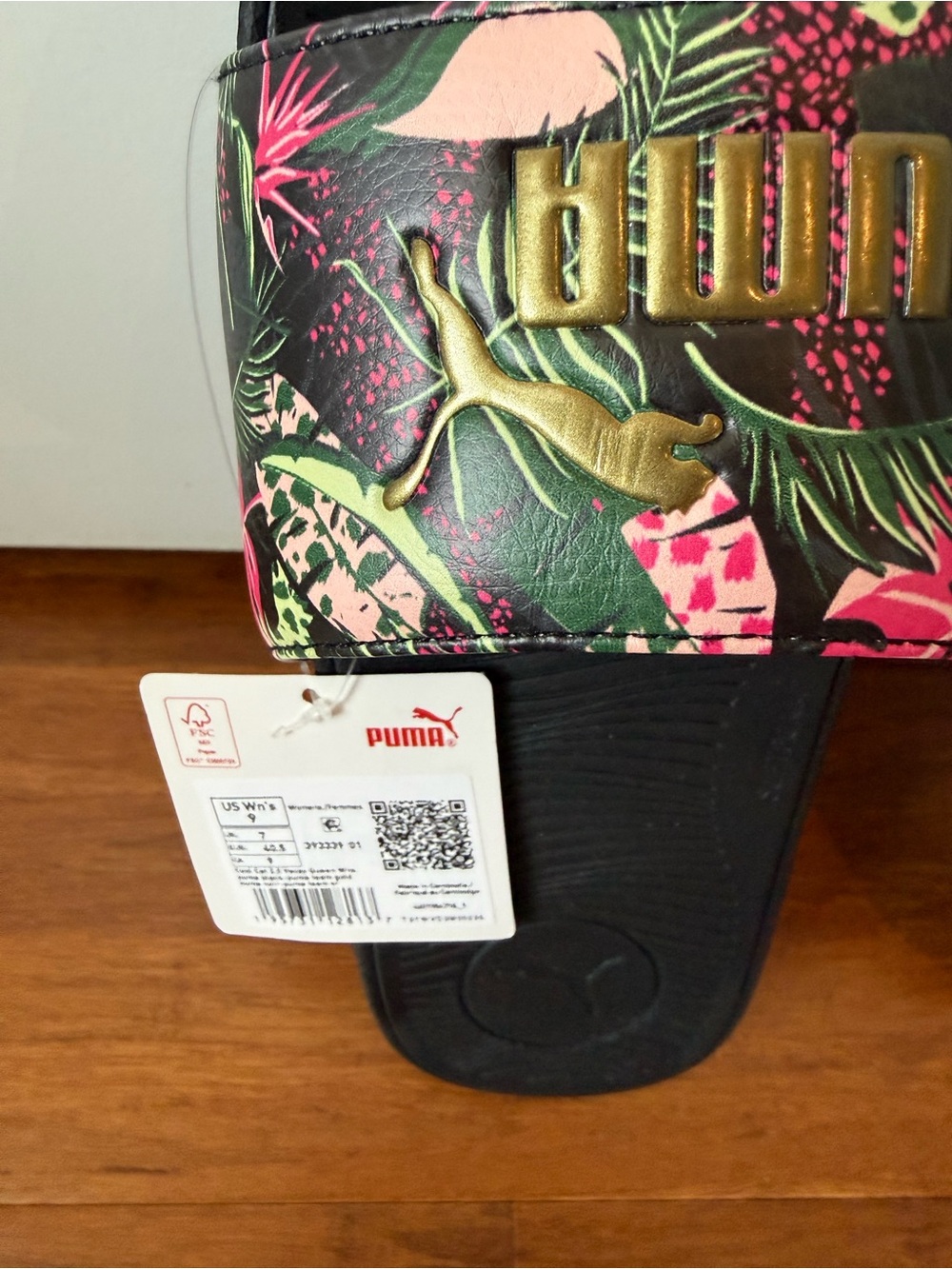 Puma Black Slides with Pink & Green Tropical Print - Picture 2 of 2